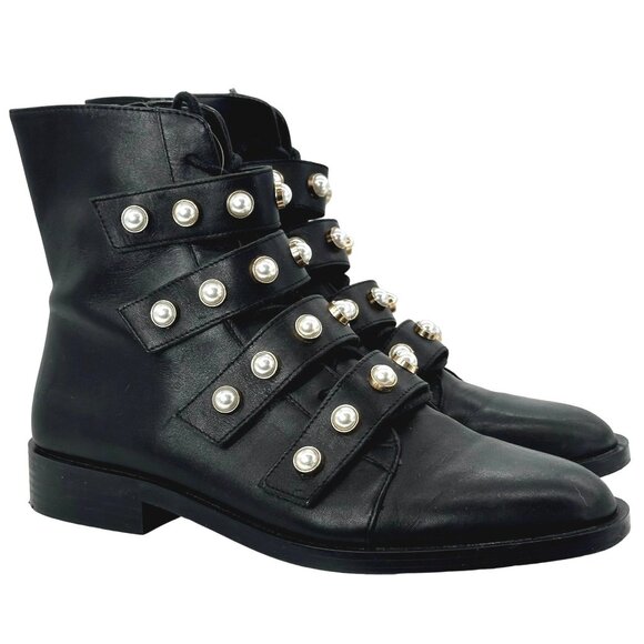 Zara Shoes - ZARA Leather Combat Biker Boots Moto Pearl Strap Boots Black Women's EU 39 US 8